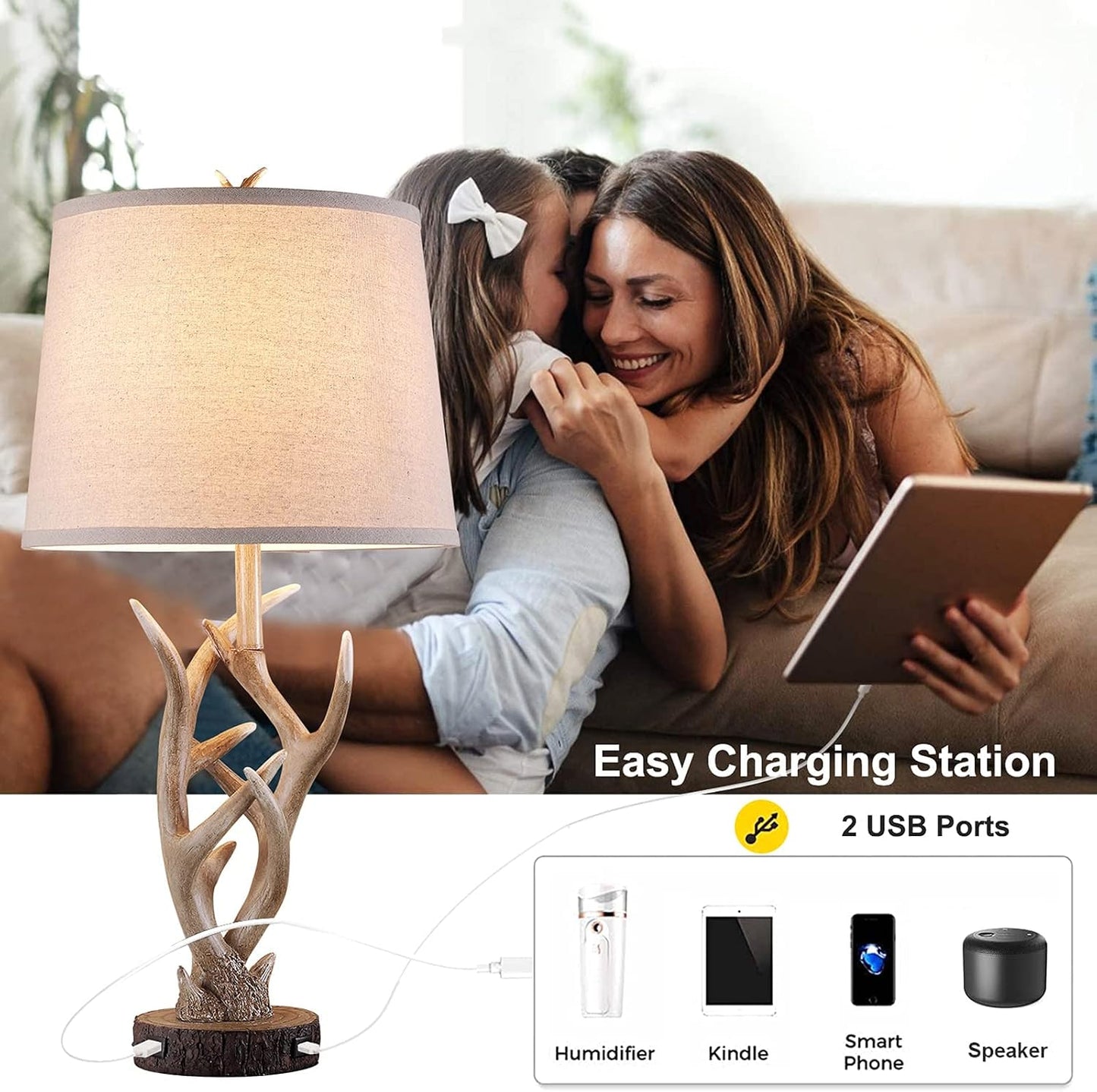 Rustic Western Table Lamp Set of 2, 26" Farmhouse Bedside Lamp for Bedroom with 2 USB Ports