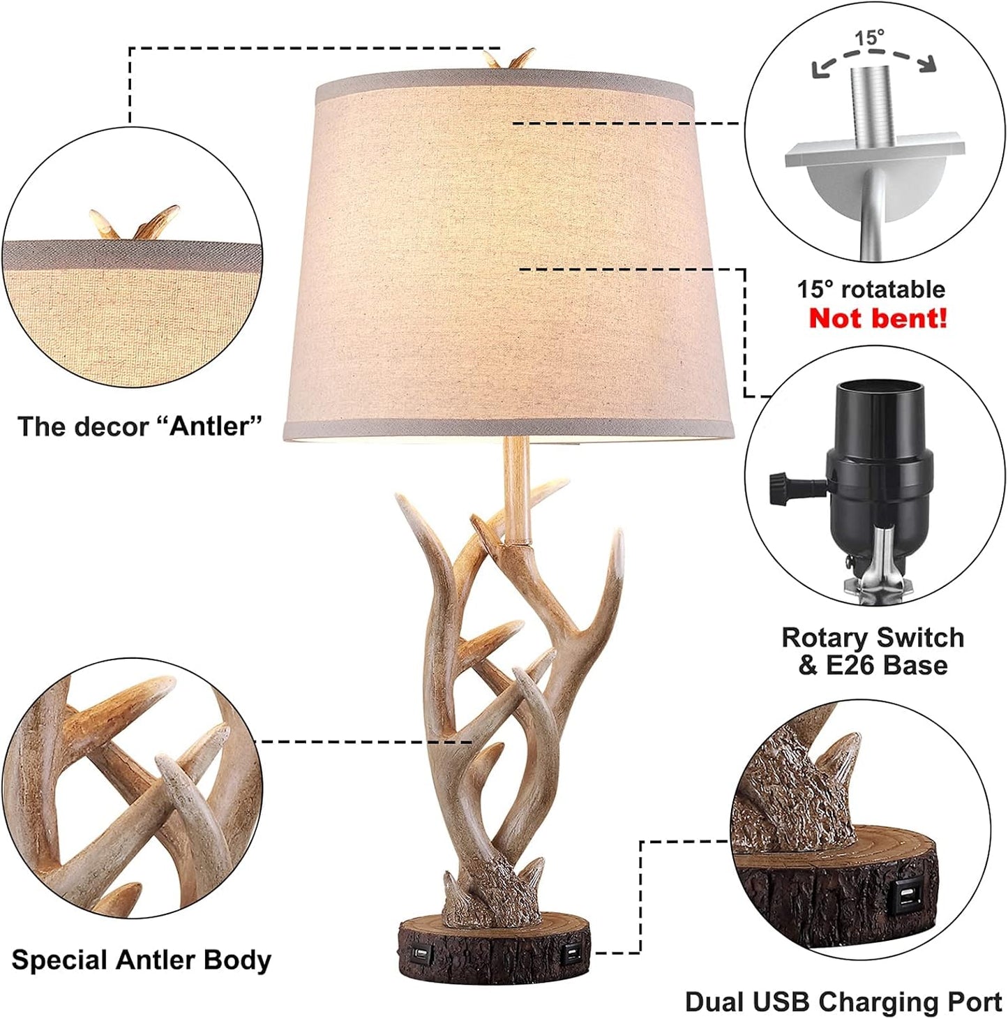 Rustic Western Table Lamp Set of 2, 26" Farmhouse Bedside Lamp for Bedroom with 2 USB Ports