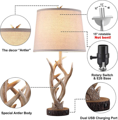 Rustic Western Table Lamp Set of 2, 26" Farmhouse Bedside Lamp for Bedroom with 2 USB Ports