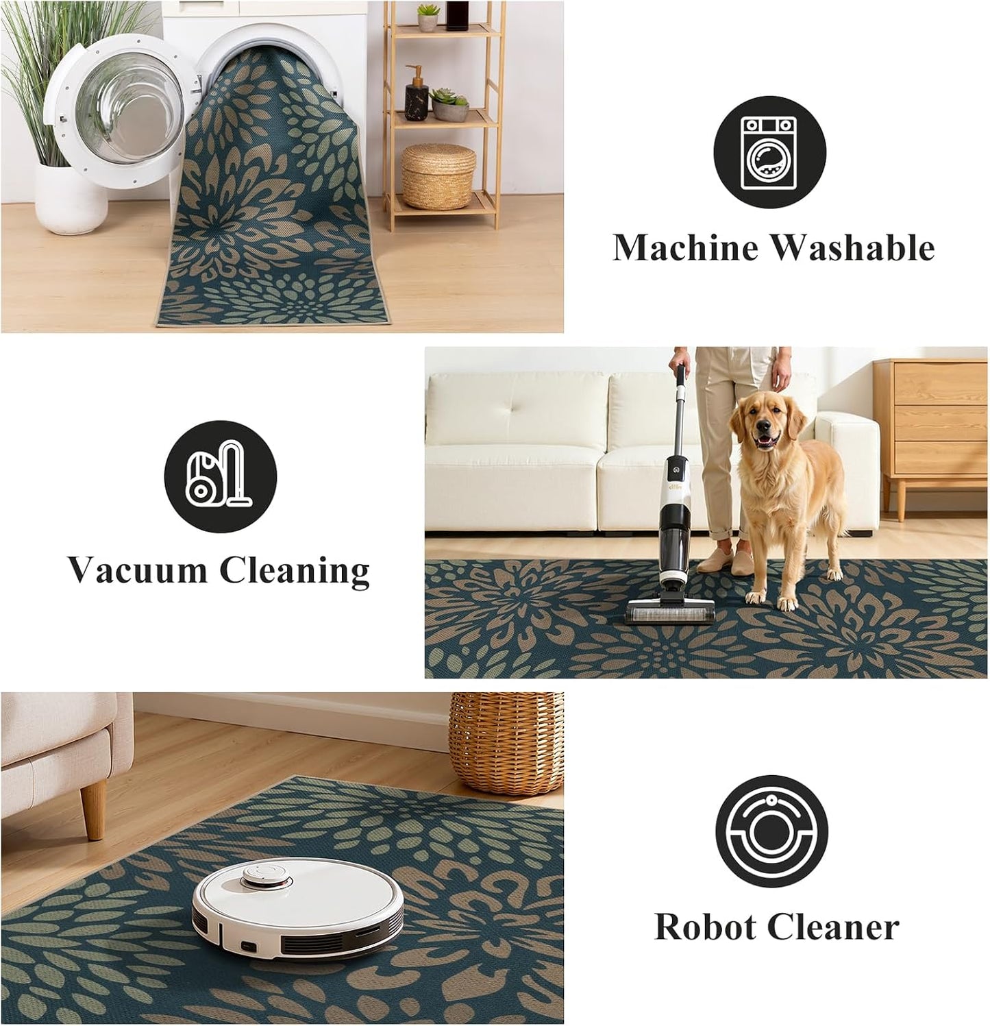 HEBE Faux Jute Runner Rug, Floral Washable Rugs Runner for Hallway, Non Slip Kitchen Runner Rug