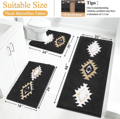HEBE Boho Bathroom Rugs Set 3 Piece, Non Slip Washable Bath Mat Set, Ultra Absorbent Microfiber Bathroom Mats with U-Shaped Contour Toilet Rug