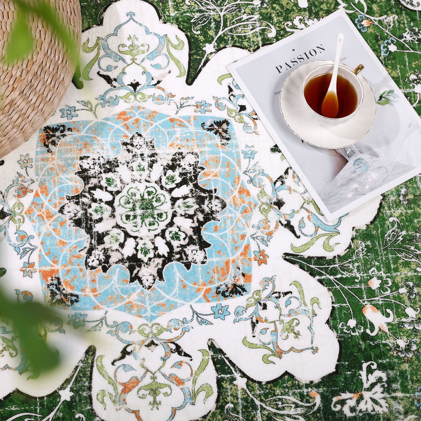 HEBE Bohemian Vintage Area Rug Machine Washable Low-Pile Accent Carpet, Non-Shedding Non-Slip Living Room Floor Throw Rugs for Bedroom,Dining Room,Kids Playroom,Rv,Office(Green)