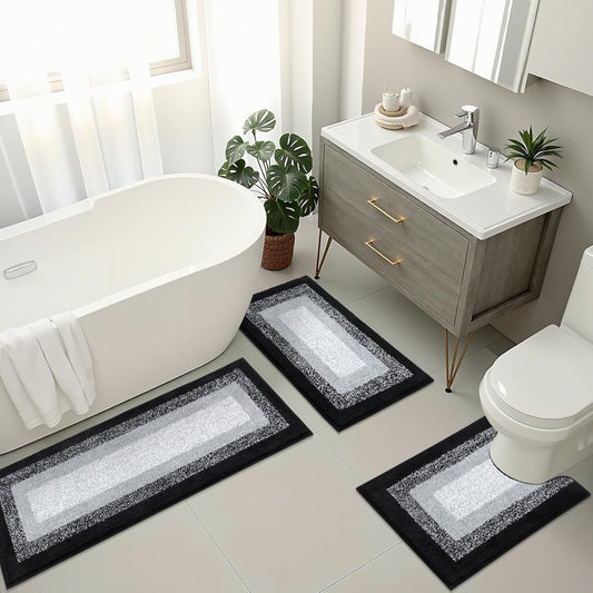 HEBE Microfiber Bathroom Rugs Sets 3 Piece, Non Slip Bath Rugs for Bathroom, Absorbent Plush Shaggy Bath Mat with U-Shaped Contour Toilet Mat Machine Washable