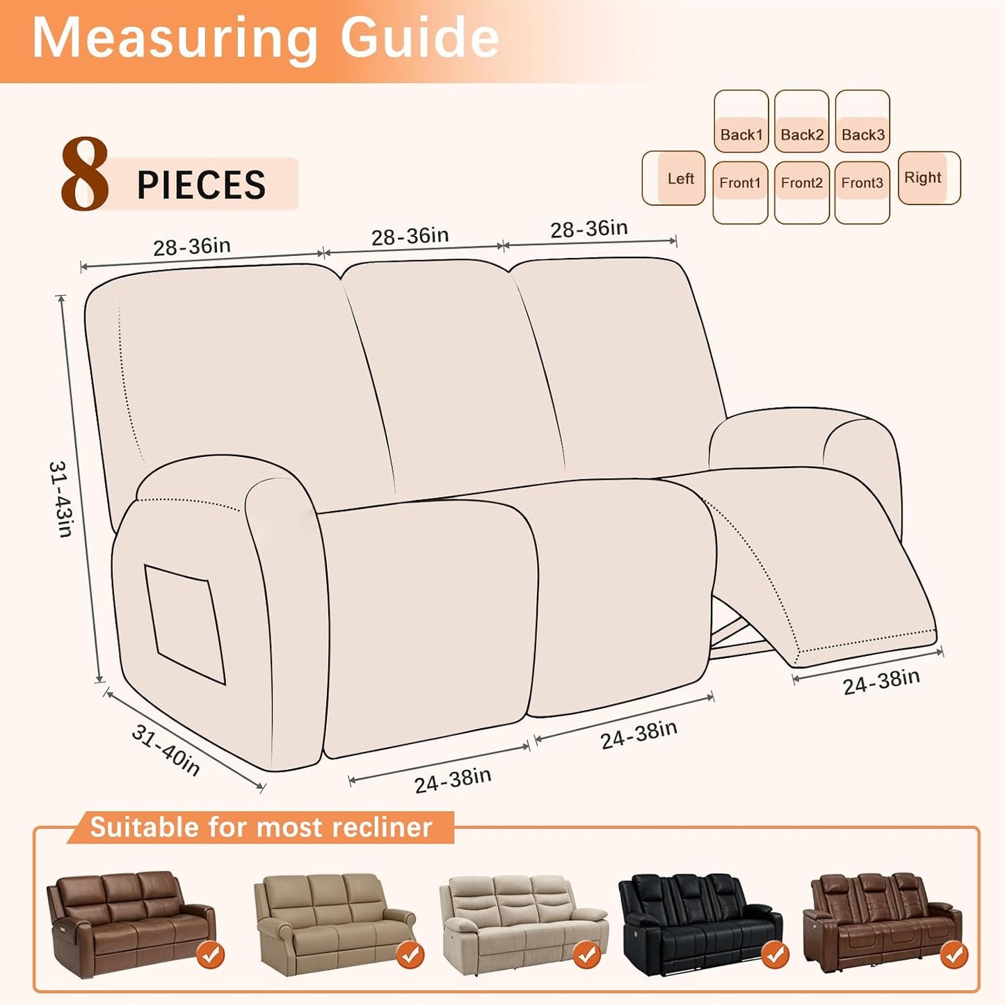 HEBE Recliner Couch Covers Washable Waterproof, Oversized Leather Like Stretch Recliner Sofa Slipcovers, Reclining Chair Cover Protector Stay in Place for Kids Pets