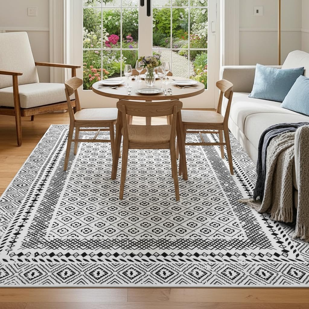 HEBE Living Room Rugs Soft Low Pile Non Slip Washable Area Rug Floor Mat for Bedroom Dining Room, Moroccan Geometric Bordered Rug