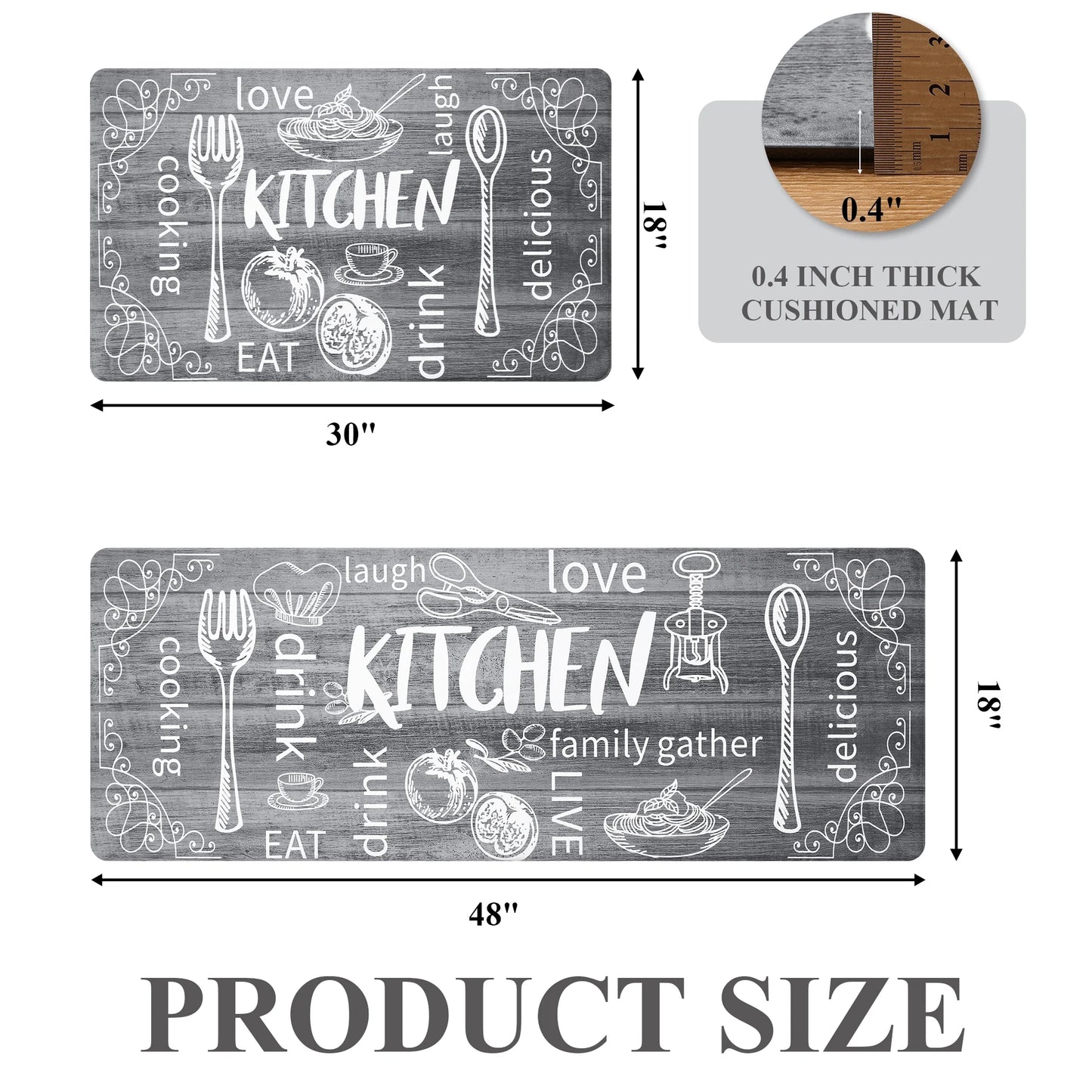 HEBE Farmhouse Kitchen Rug Set of 2, Non-Slip Anti-Fatigue Waterproof Cushioned Mat for Kitchen, Dining & Laundry Room, 18"x30"+18"x48"