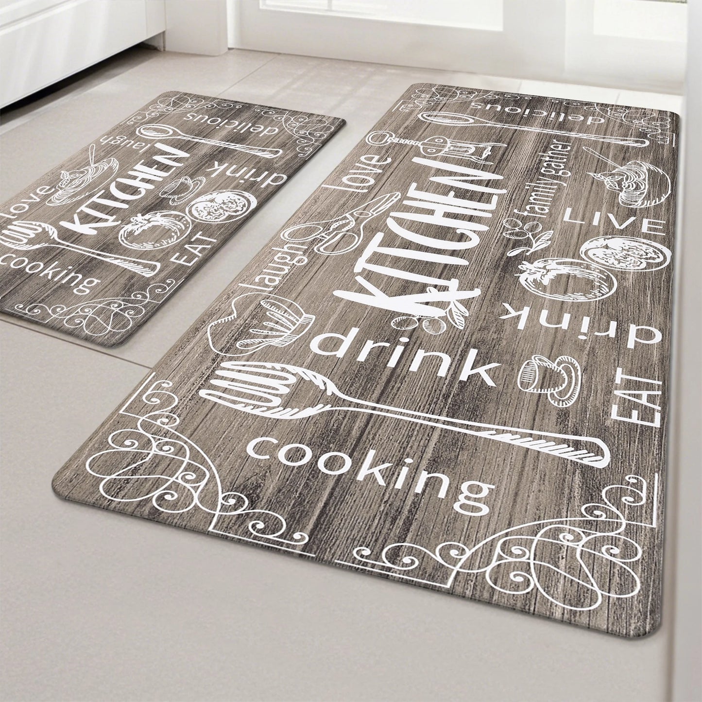 HEBE Farmhouse Kitchen Rug Set of 2, Non-Slip Anti-Fatigue Waterproof Cushioned Mat for Kitchen, Dining & Laundry Room, 18"x30"+18"x48"