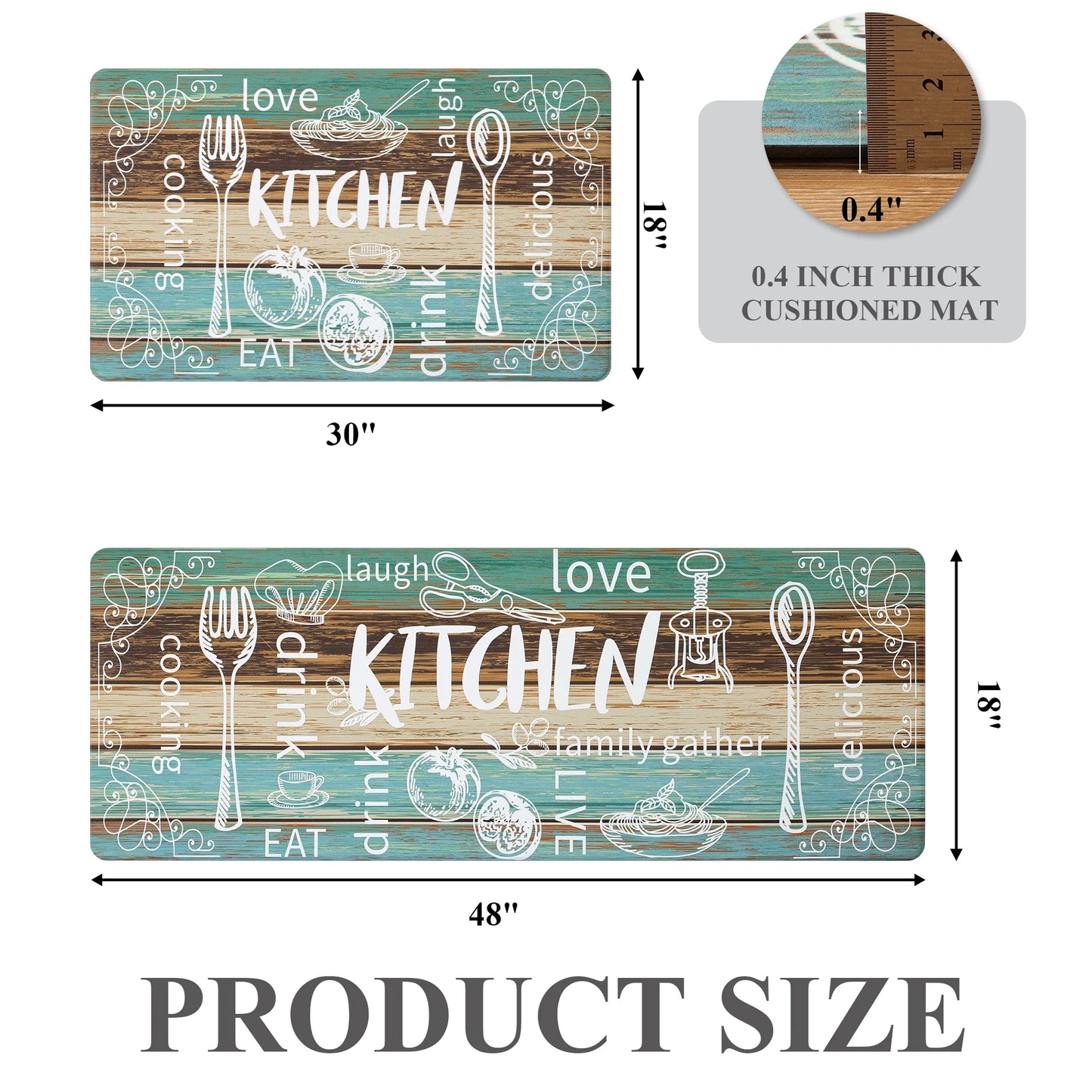 HEBE Farmhouse Kitchen Rug Set of 2, Non-Slip Anti-Fatigue Waterproof Cushioned Mat for Kitchen, Dining & Laundry Room, 18"x30"+18"x48"