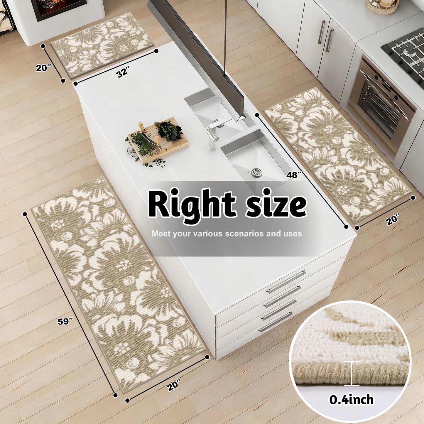 HEBE Kitchen Rug Set 3 Piece, Non Slip Machine Washable Mats for Home Floor and Living Room