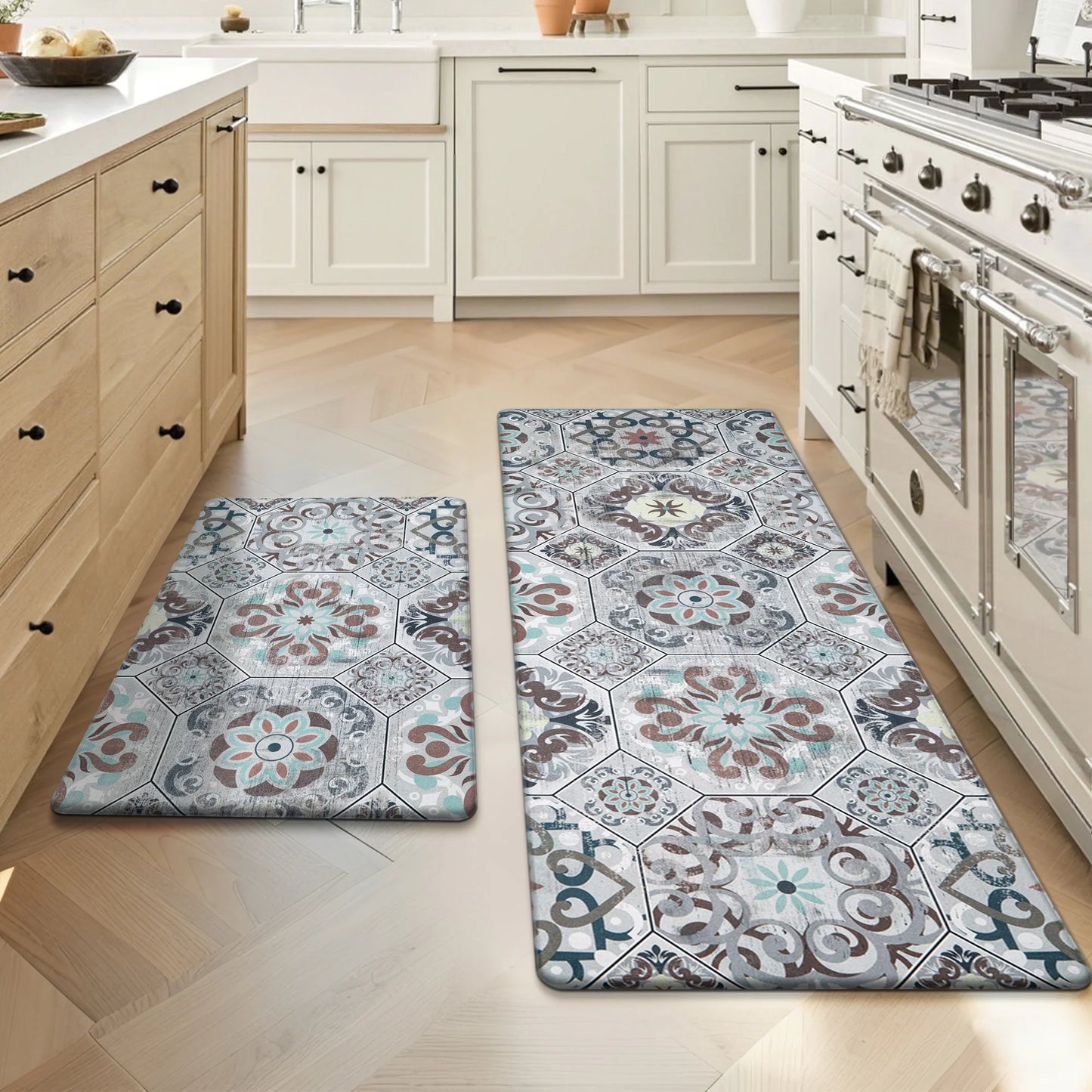 HEBE Boho Kitchen Rug Set of 2, Non-Slip Anti-Fatigue Waterproof Cushioned Mat for Kitchen, Dining & Laundry Room, 18"x30"+18"x48"