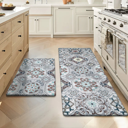 HEBE Boho Kitchen Rug Set of 2, Non-Slip Anti-Fatigue Waterproof Cushioned Mat for Kitchen, Dining & Laundry Room, 18"x30"+18"x48"