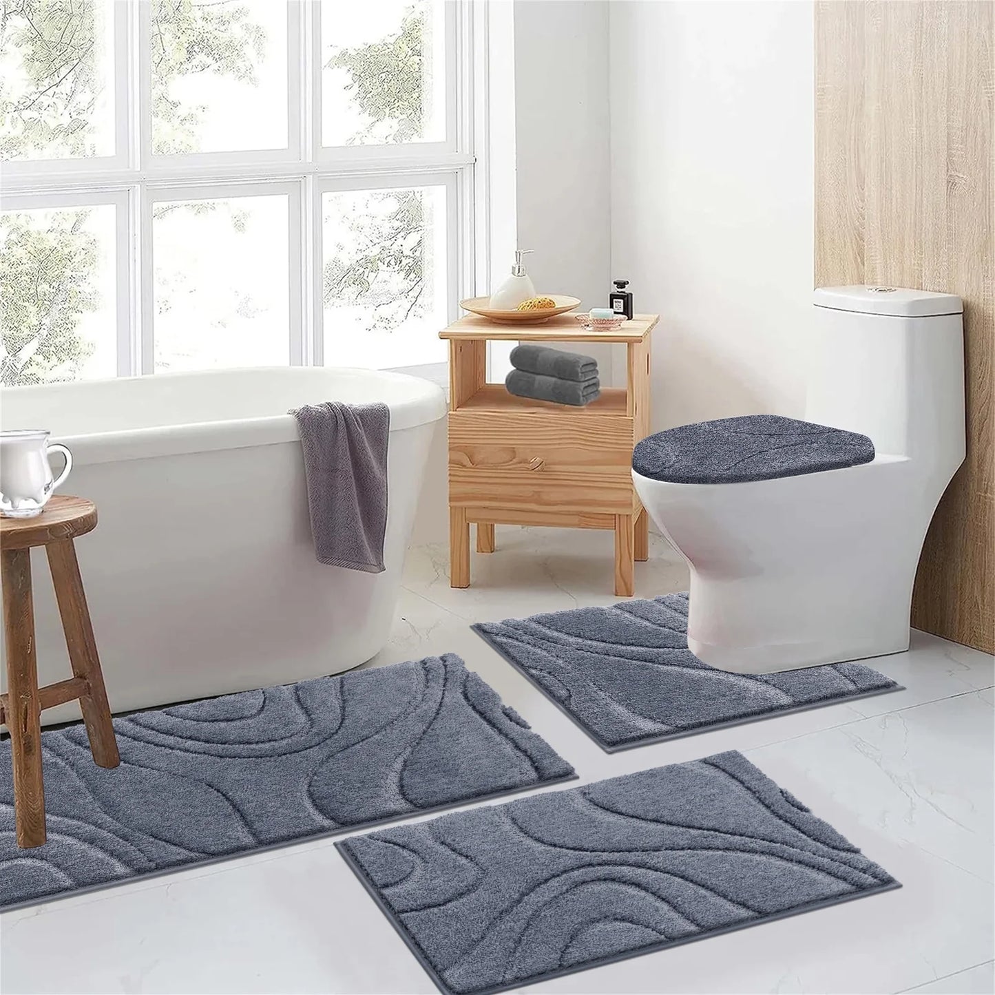 HEBE Bathroom Rugs Sets 4 Piece, Super Soft and Absorbent Non Slip Microfiber Toilet Bathroom Mats