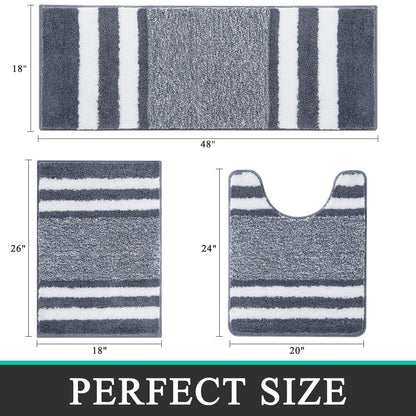 HEBE Bathroom Rugs Sets 3 Piece Bathroom Shower Rugs with U-Shaped Contour Toilet Mat Absorbent Microfiber Plush Bath Mats Non Slip Bath Rugs Machine Washable Shaggy Bath Mat Set, Dark Grey