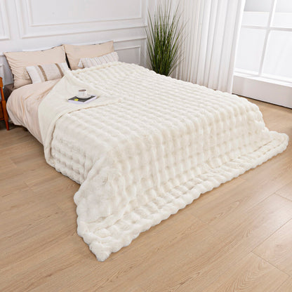 Fleece Throw Blanket for Couch - 550GSM Soft & Warm Fluffy Bubble Faux Rabbit Blanket, Decorative and Giftable Striped Blankets for Couch, Sofa, Bed