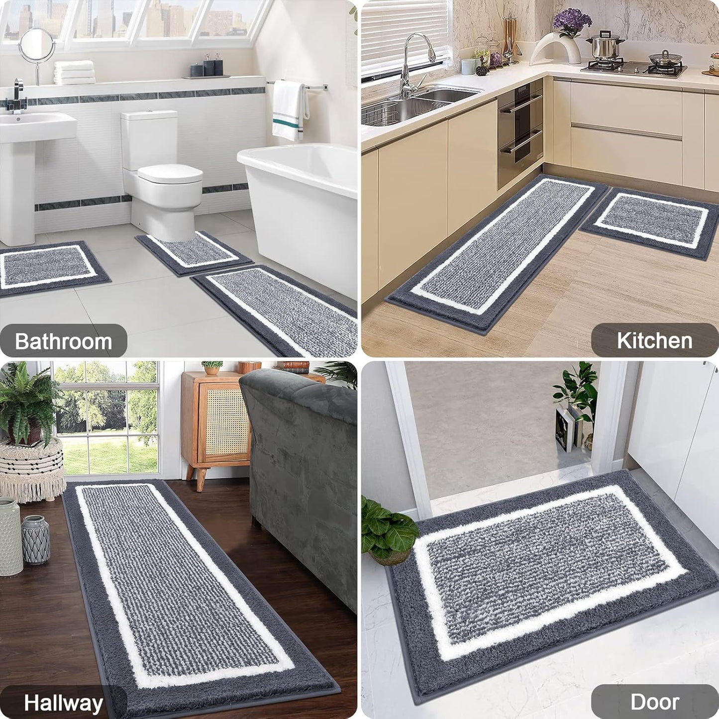 Bathroom Rug Set 3 Piece Non Slip Absorbent Bath Mats Set Microfiber Soft Bathroom Mat Plush Shaggy Bath Rugs Includes U-Shaped Toilet Mat for Bath Floor, Shower