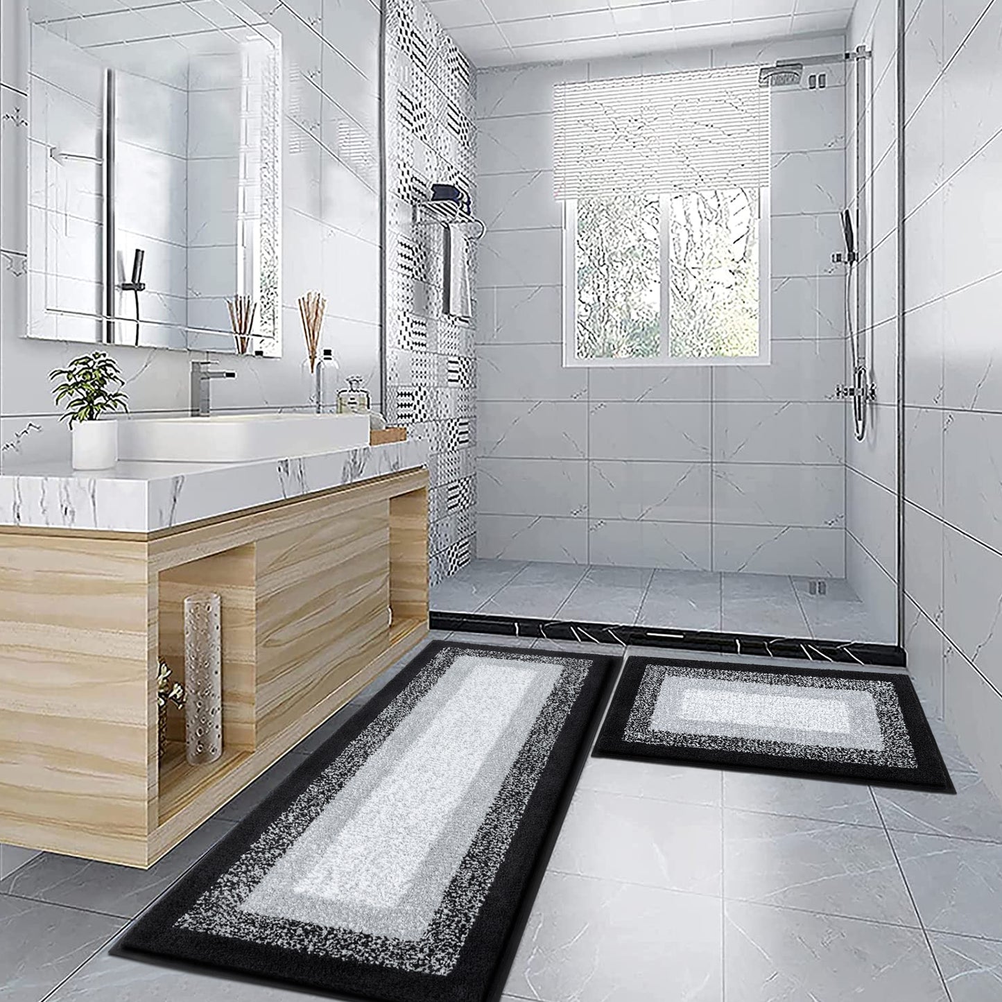 HEBE Bathroom Rug Set 2 Piece, Non-Slip Plush Shaggy Bath Mat, Soft Shaggy Absorbent Microfiber Bath Rugs Machine Washable Bath Mat with U-Shaped Toilet Mat for Bathroom