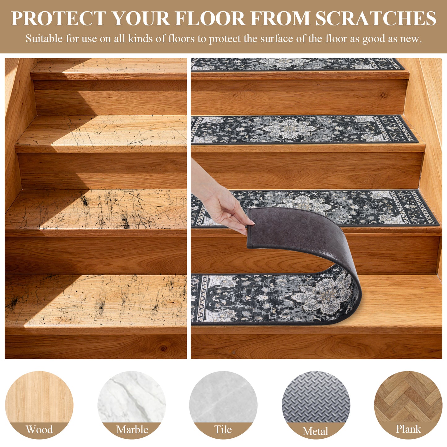 HEBE Carpet Stair Treads for Wooden Steps Indoor 15 Pack 8" X 30" Non Slip Self Adhesive Stairway Carpet Reusable Staircase Step Treads Edging Stair Rugs Runner for Kids and Pets