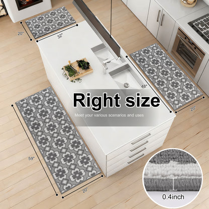 Kitchen Mat Sets 3 Piece Minimalist 3D Lattice Kitchen Floor Rugs with Non Slip Rubber Backing