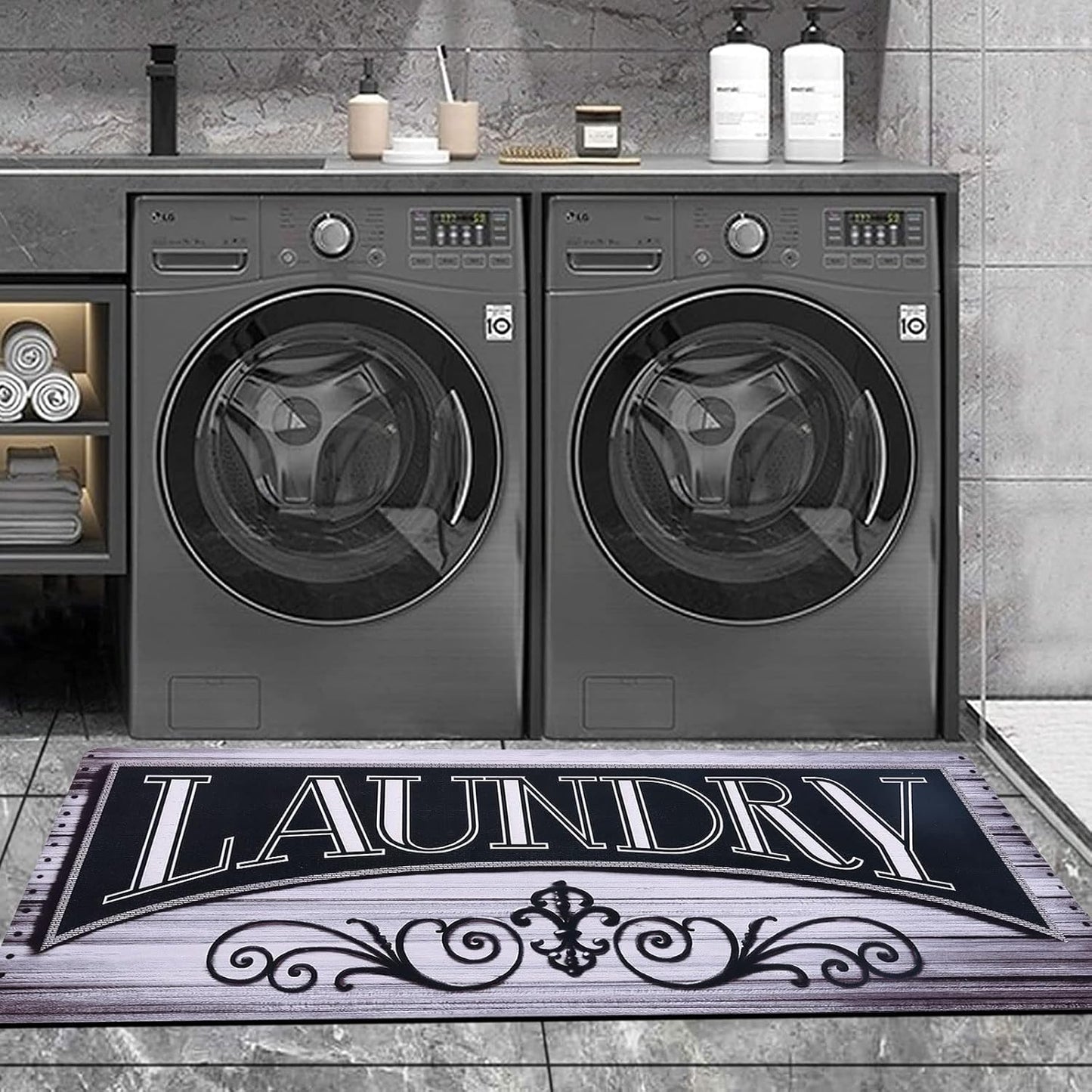 Laundry Room Rug Runner Non-Slip Runner Rug with Rubber Backing Waterproof Stain-Resistant Laundry Rug Farmhouse Laundry Mat Laundry Rugs and Mats (20" x 48", Black & Grayish-White)