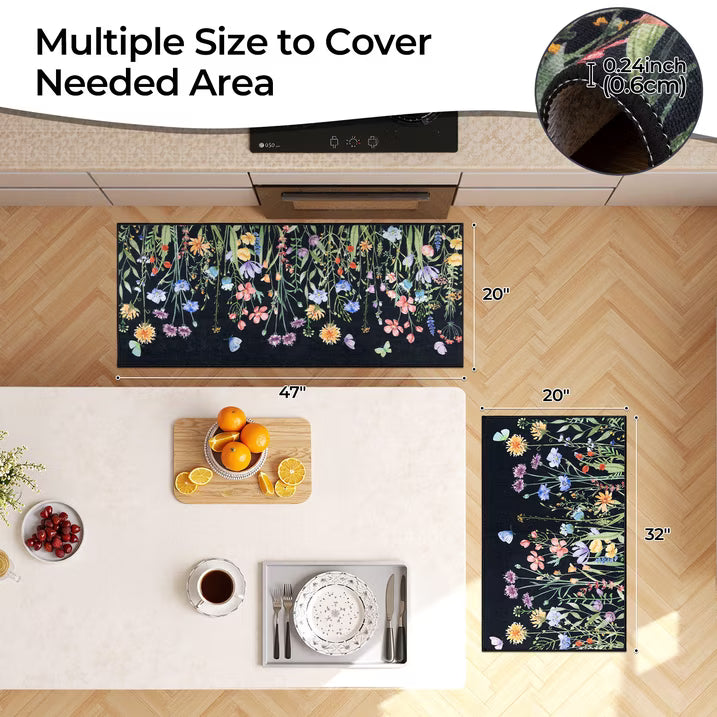 HEBE Floral Non-Slip Kitchen Rugs Set of 2,Washable Kitchen Mat Farmhouse Kitchen Floor Mats Runner for Home Sink Entrance Laundry Hallway,20"x32"+20"x47"