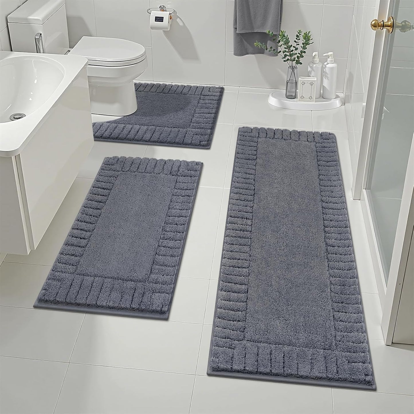 HEBE Bathroom Rugs Sets 3 Piece Bathroom Shower Rugs with U-Shaped Contour Toilet Mat Absorbent Microfiber Plush Bath Mats Non Slip Bath Rugs Machine Washable Shaggy Bath Mat Set
