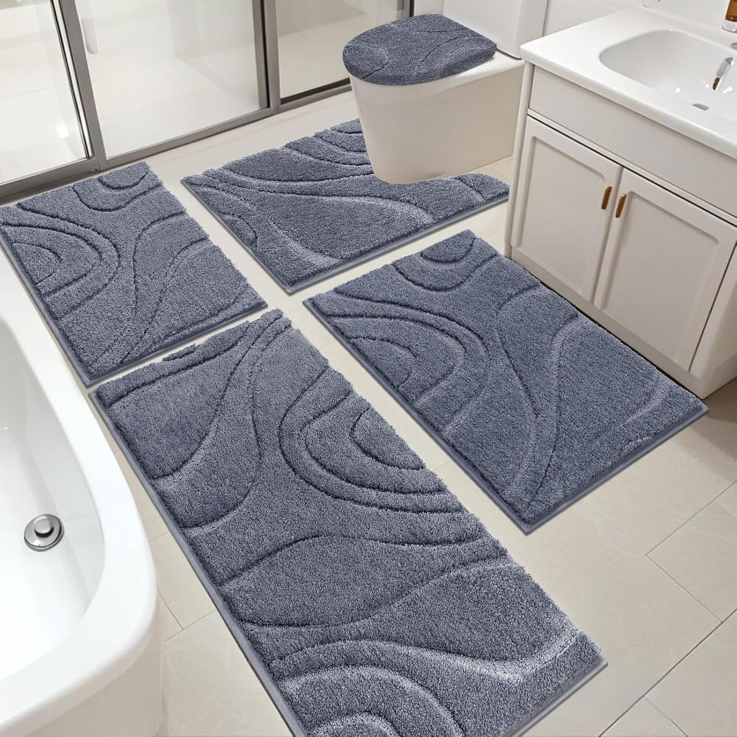 HEBE Bathroom Rugs Sets 5 Piece, Soft Absorbent Microfiber Bath Mat for Bathroom, Non Slip Washable Bath Rug Set with Toilet Cover, Bath Runner and U-Shaped Contour Toilet Rug