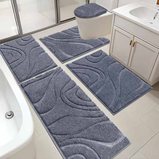 HEBE Bathroom Rugs Sets 5 Piece, Soft Absorbent Microfiber Bath Mat for Bathroom, Non Slip Washable Bath Rug Set with Toilet Cover, Bath Runner and U-Shaped Contour Toilet Rug