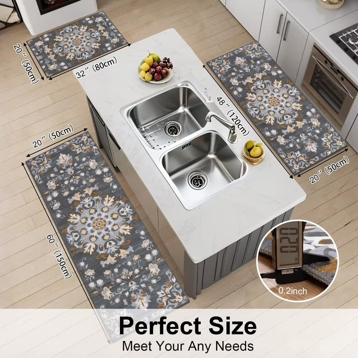 HEBE 3pcs Washable Kitchen Rug Set,Non-Slip Floral Boho Kitchen Mats Kitchen Runner Rug Floor Carpet 20"x32"+20"x48"+20"x59"