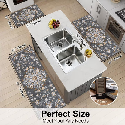 HEBE 3pcs Washable Kitchen Rug Set,Non-Slip Floral Boho Kitchen Mats Kitchen Runner Rug Floor Carpet 20"x32"+20"x48"+20"x59"