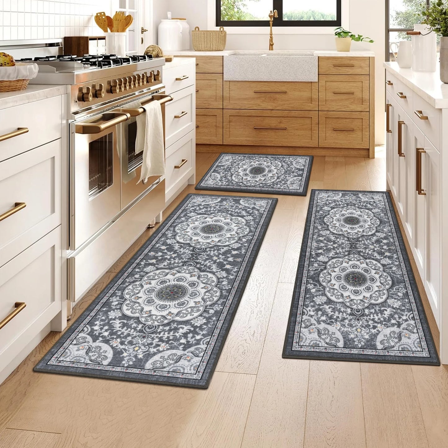 Boho Kitchen Rugs Sets 2/3 Piece with Runner Non Slip Kitchen Mats for Floor Washable Bohemian Runner Rug Set of