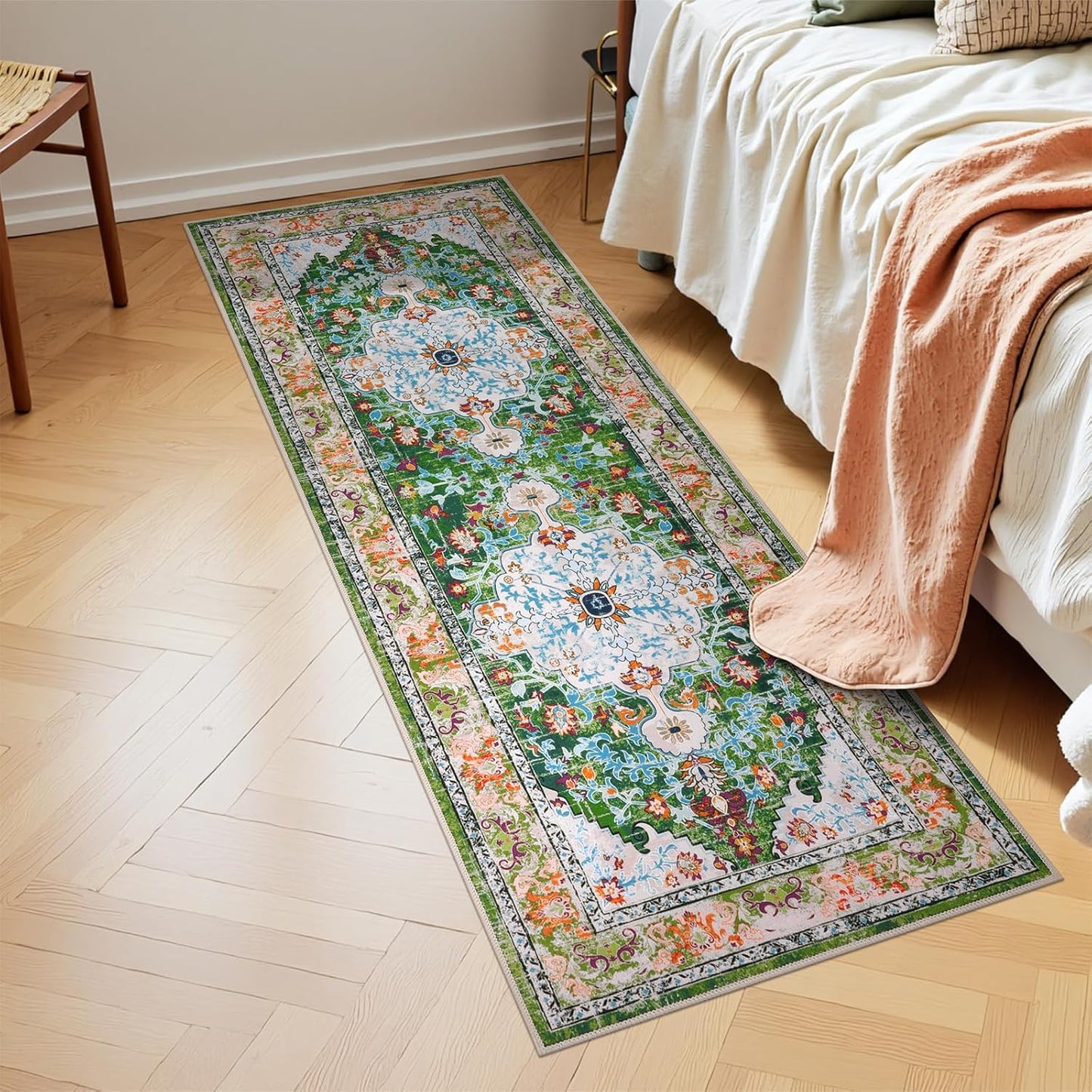 HEBE Boho Vintage Area Rug 5x7 Machine Washable Low Pile Soft Floor Carpet Non Slip Non Shedding Accent Rug for Living Room Bedroom Entryway Dining Room Office Green