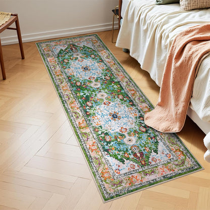 HEBE Boho Vintage Area Rug 5x7 Machine Washable Low Pile Soft Floor Carpet Non Slip Non Shedding Accent Rug for Living Room Bedroom Entryway Dining Room Office Green