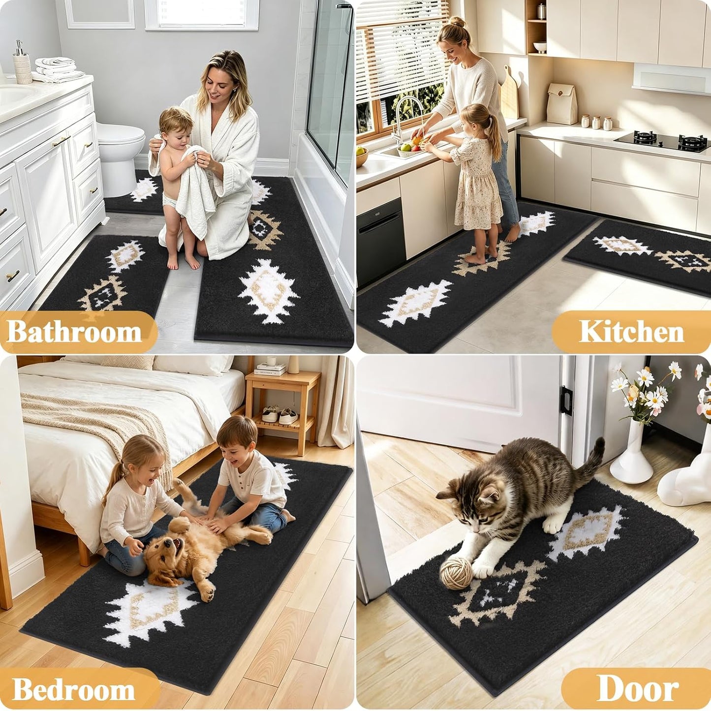 HEBE Boho Bathroom Rugs Set 3 Piece, Non Slip Washable Bath Mat Set, Ultra Absorbent Microfiber Bathroom Mats with U-Shaped Contour Toilet Rug