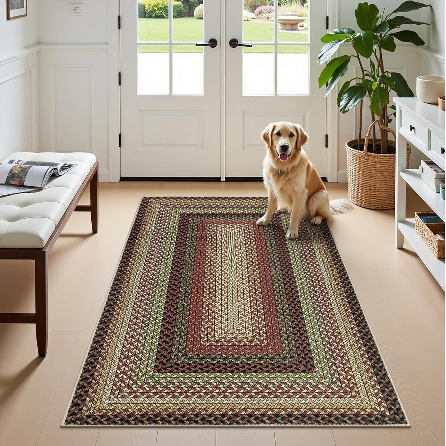 HEBE Faux Braided Area Rug Washable Farmhouse, No-Shed Non-Slip Woven Carpet, Pet Friendly Stain Resistant Jute Style Rug for Kitchen Bedroom Bathroom Entryway