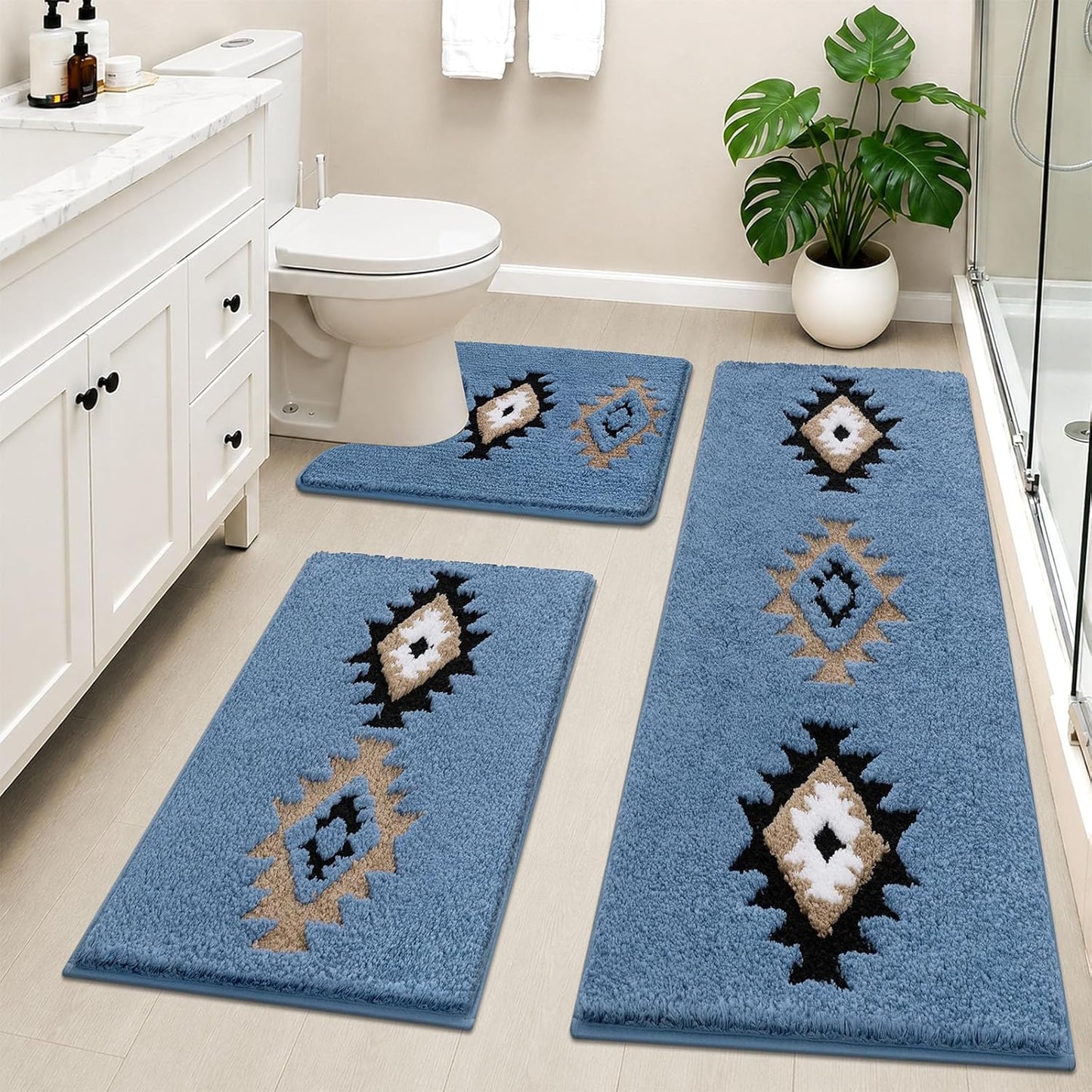 HEBE Boho Bathroom Rugs Set 3 Piece, Non Slip Washable Bath Mat Set, Ultra Absorbent Microfiber Bathroom Mats with U-Shaped Contour Toilet Rug