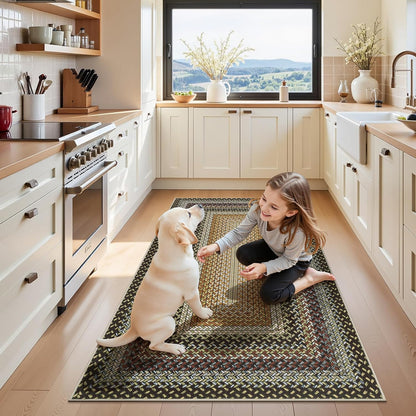 HEBE Faux Braided Area Rug Washable Farmhouse, No-Shed Non-Slip Woven Carpet, Pet Friendly Stain Resistant Jute Style Rug for Kitchen Bedroom Bathroom Entryway