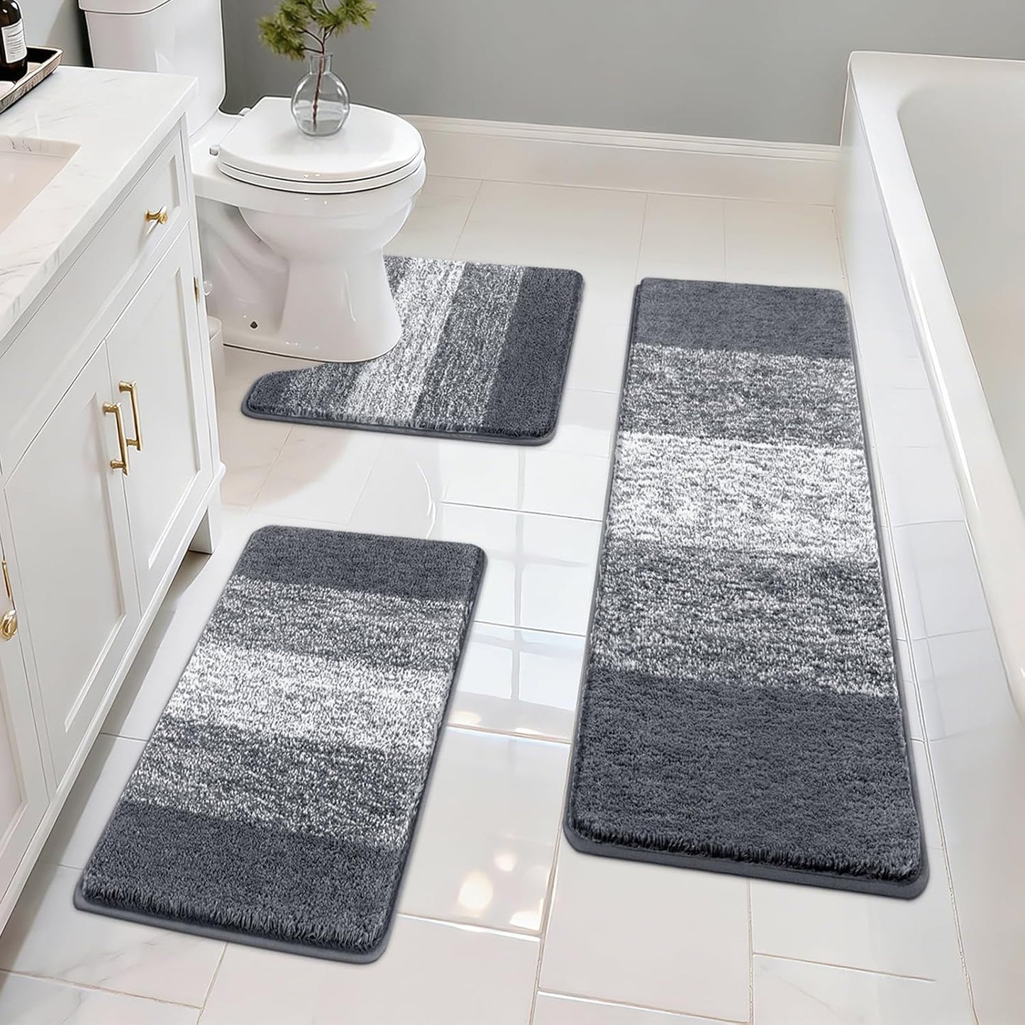 Bathroom Rugs Set 3 Piece Non Slip Washable, Microfiber Absorbent Bath Mat Floor Carpet Extra Soft
