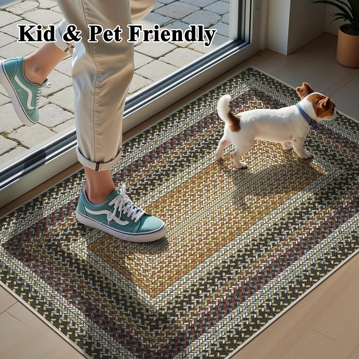 HEBE Faux Braided Area Rug Washable Farmhouse, No-Shed Non-Slip Woven Carpet, Pet Friendly Stain Resistant Jute Style Rug for Kitchen Bedroom Bathroom Entryway