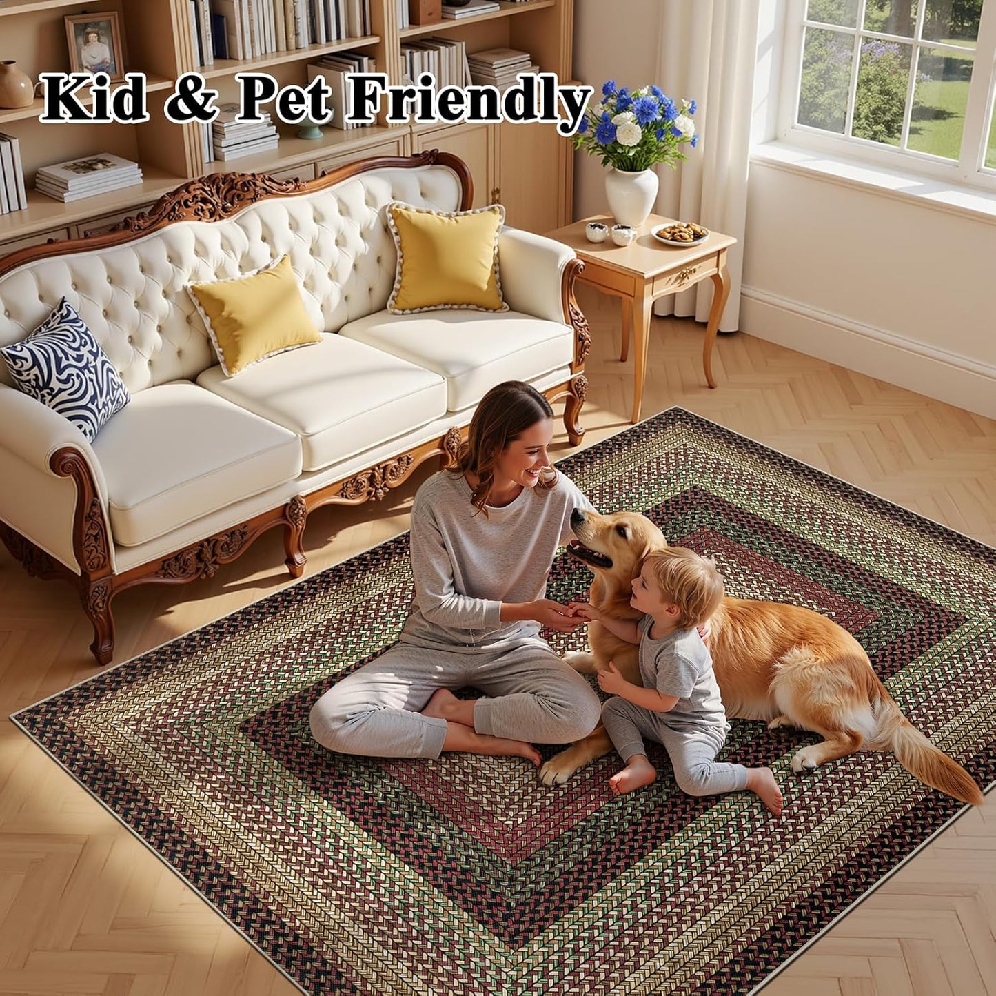 HEBE Faux Braided Area Rug Washable Farmhouse, No-Shed Non-Slip Woven Carpet, Pet Friendly Stain Resistant Jute Style Rug for Kitchen Bedroom Bathroom Entryway