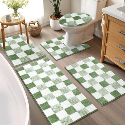 Checkered Bathroom Rug Sets 5 Piece, Non-Slip Ultra Absorbent Microfiber Bath Mats