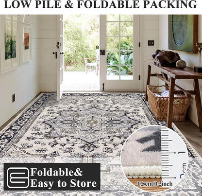 HEBE Washable Area Rug 5'x7', Non Slip Boho Rugs for Bedroom