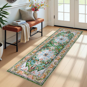 HEBE Boho Vintage Area Rug 5x7 Machine Washable Low Pile Soft Floor Carpet Non Slip Non Shedding Accent Rug for Living Room Bedroom Entryway Dining Room Office Green