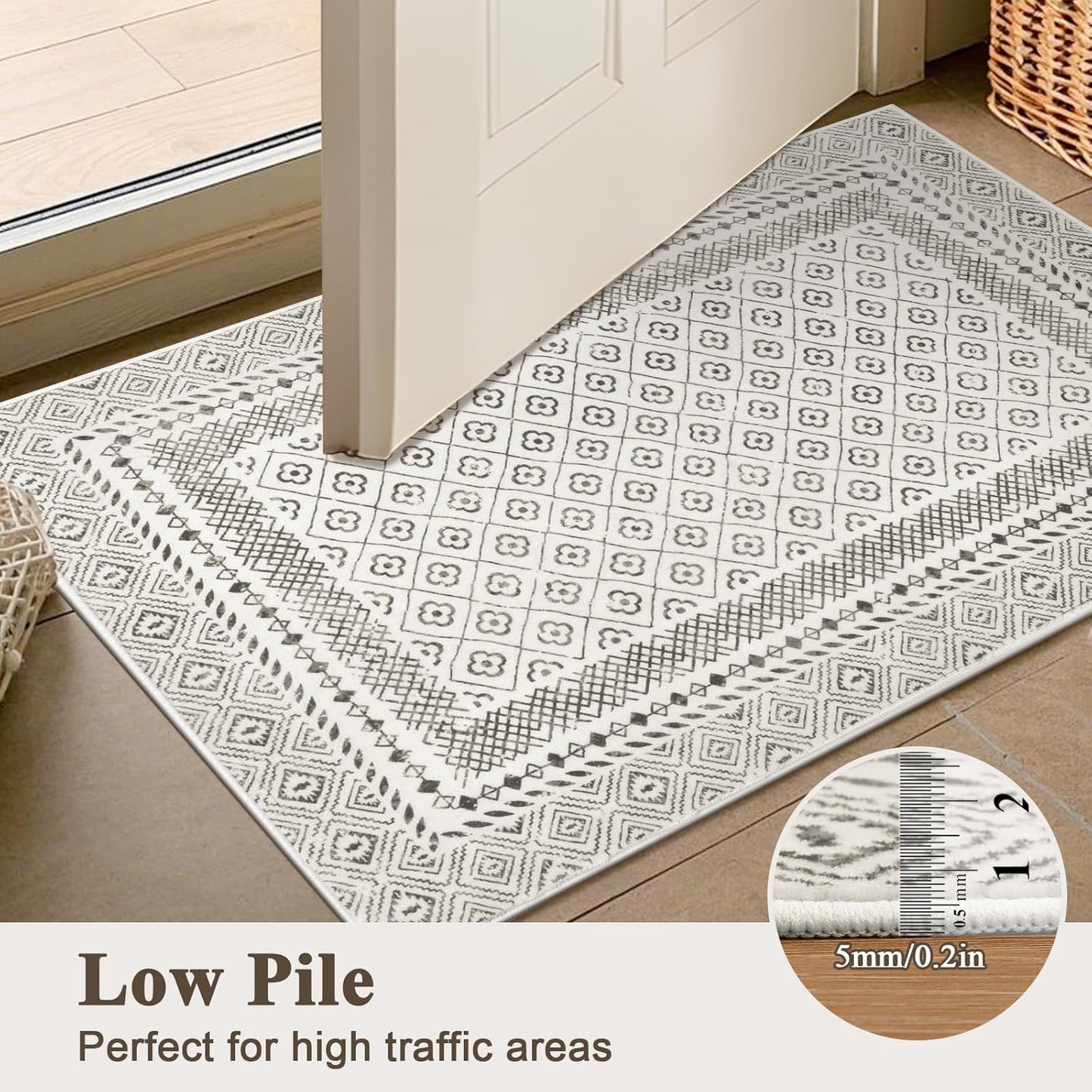 HEBE Living Room Rugs Soft Low Pile Non Slip Washable Area Rug Floor Mat for Bedroom Dining Room, Moroccan Geometric Bordered Rug