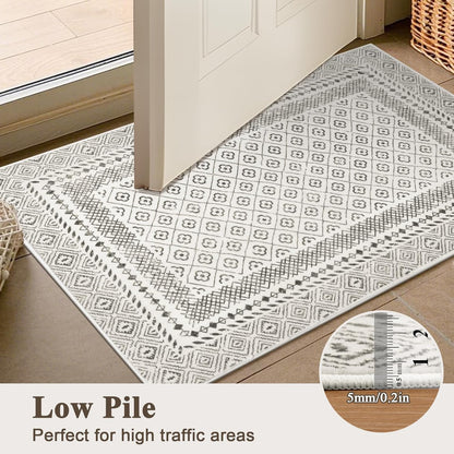 HEBE Living Room Rugs Soft Low Pile Non Slip Washable Area Rug Floor Mat for Bedroom Dining Room, Moroccan Geometric Bordered Rug