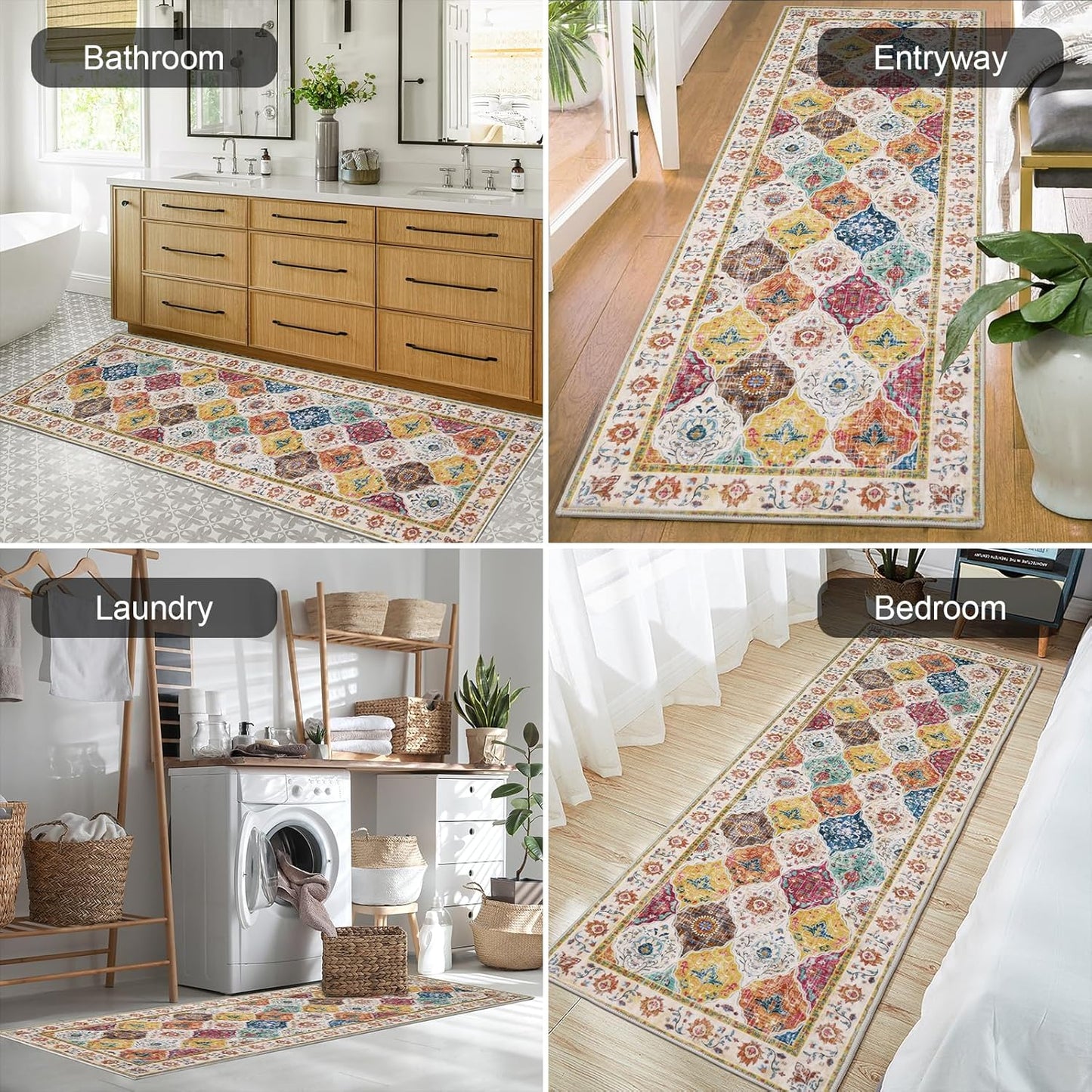 HEBE Hallway Runner Rug Washable Vintage Distressed Area Rugs Non Slip Laundry Rug Runner Boho Floor Carpet Runners for Hallways Entryway Laundry Room Kitchen Bathroom