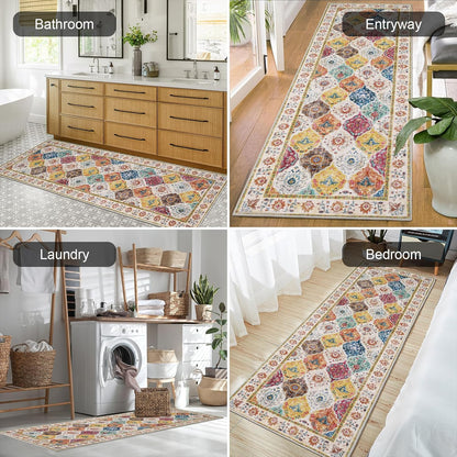 HEBE Hallway Runner Rug Washable Vintage Distressed Area Rugs Non Slip Laundry Rug Runner Boho Floor Carpet Runners for Hallways Entryway Laundry Room Kitchen Bathroom