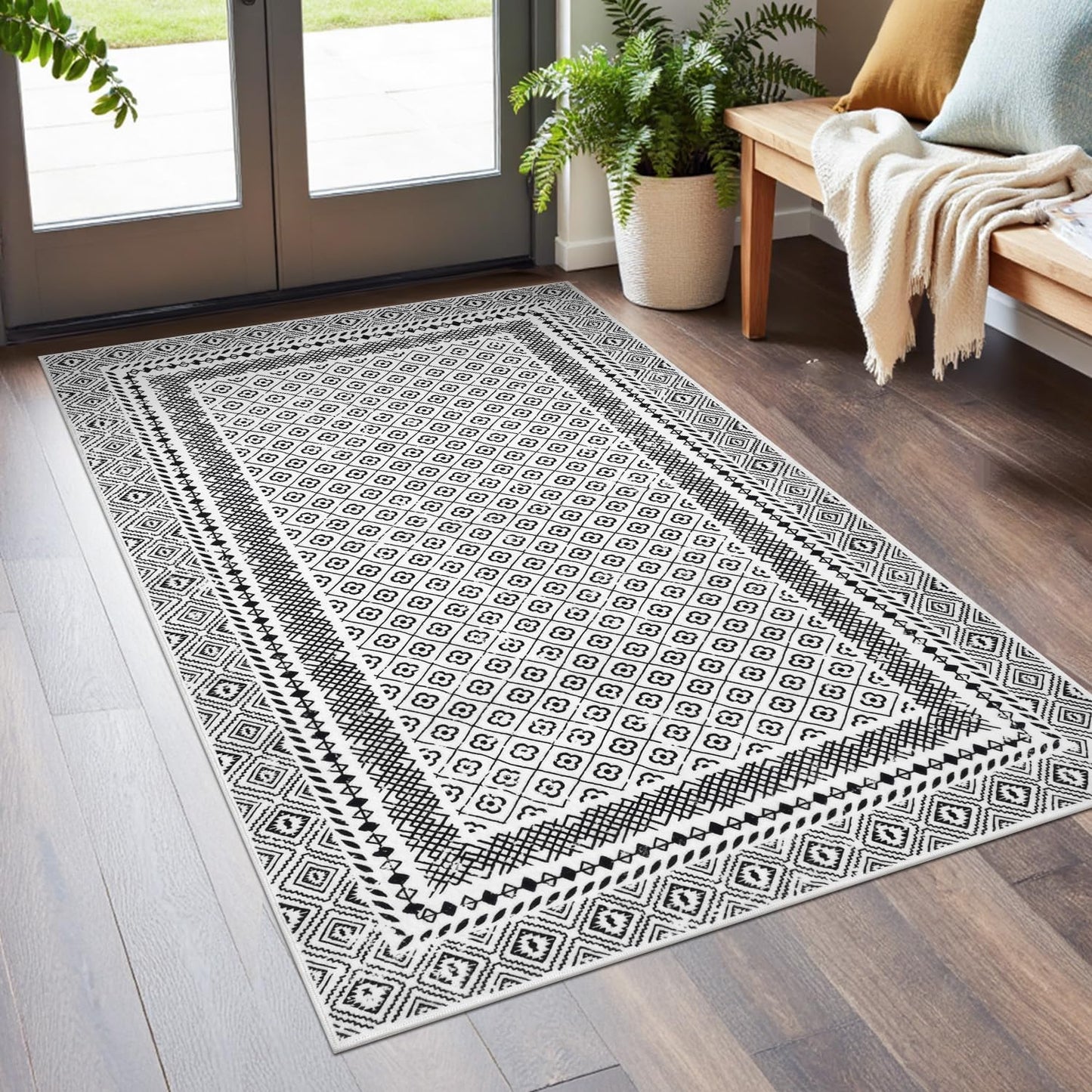 HEBE Living Room Rugs Soft Low Pile Non Slip Washable Area Rug Floor Mat for Bedroom Dining Room, Moroccan Geometric Bordered Rug
