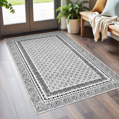 HEBE Living Room Rugs Soft Low Pile Non Slip Washable Area Rug Floor Mat for Bedroom Dining Room, Moroccan Geometric Bordered Rug