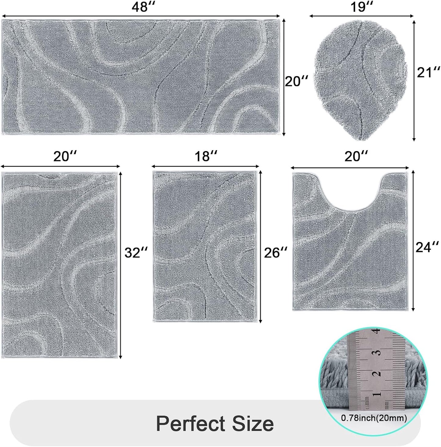 HEBE Bathroom Rugs Sets 5 Piece, Soft Absorbent Microfiber Bath Mat for Bathroom, Non Slip Washable Bath Rug Set with Toilet Cover, Bath Runner and U-Shaped Contour Toilet Rug