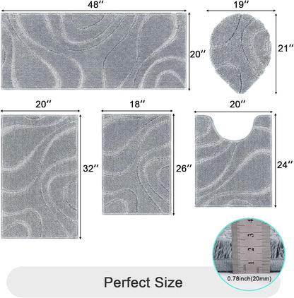 HEBE Bathroom Rugs Sets 5 Piece, Soft Absorbent Microfiber Bath Mat for Bathroom, Non Slip Washable Bath Rug Set with Toilet Cover, Bath Runner and U-Shaped Contour Toilet Rug